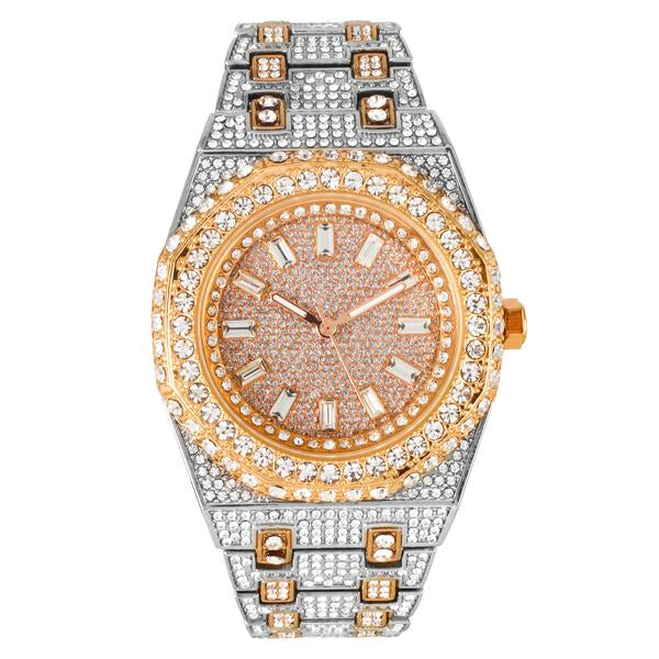 ICEDTAG 43MM Iced Out White Gold Hip Hop Watch with Rose Gold Dial | Unisex Luxury CZ Diamond Bling Watch – Quartz Movement
