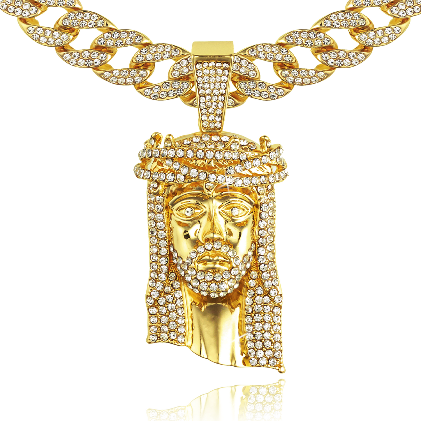 Large Jesus Head Pendant & Iced Bling Out Miami Cuban Necklace Chain