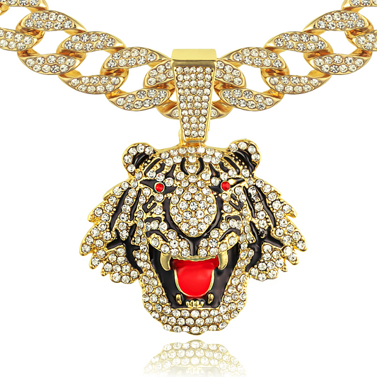 Large Roar Tiger Pendant & Iced Bling Out Miami Cuban Necklace Chain