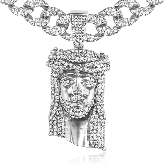 Large Jesus Head Pendant & Iced Bling Out Miami Cuban Necklace Chain