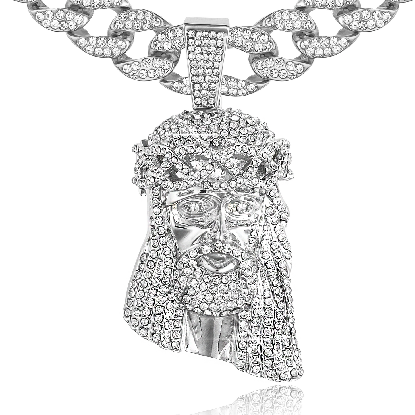 Large Religious Jesus Head Pendant & Iced Bling Out Miami Cuban Necklace Chain