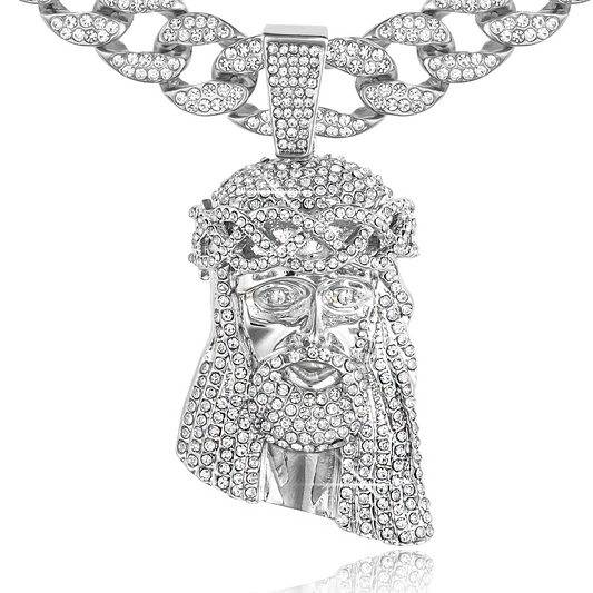 Large Religious Jesus Head Pendant & Iced Bling Out Miami Cuban Necklace Chain