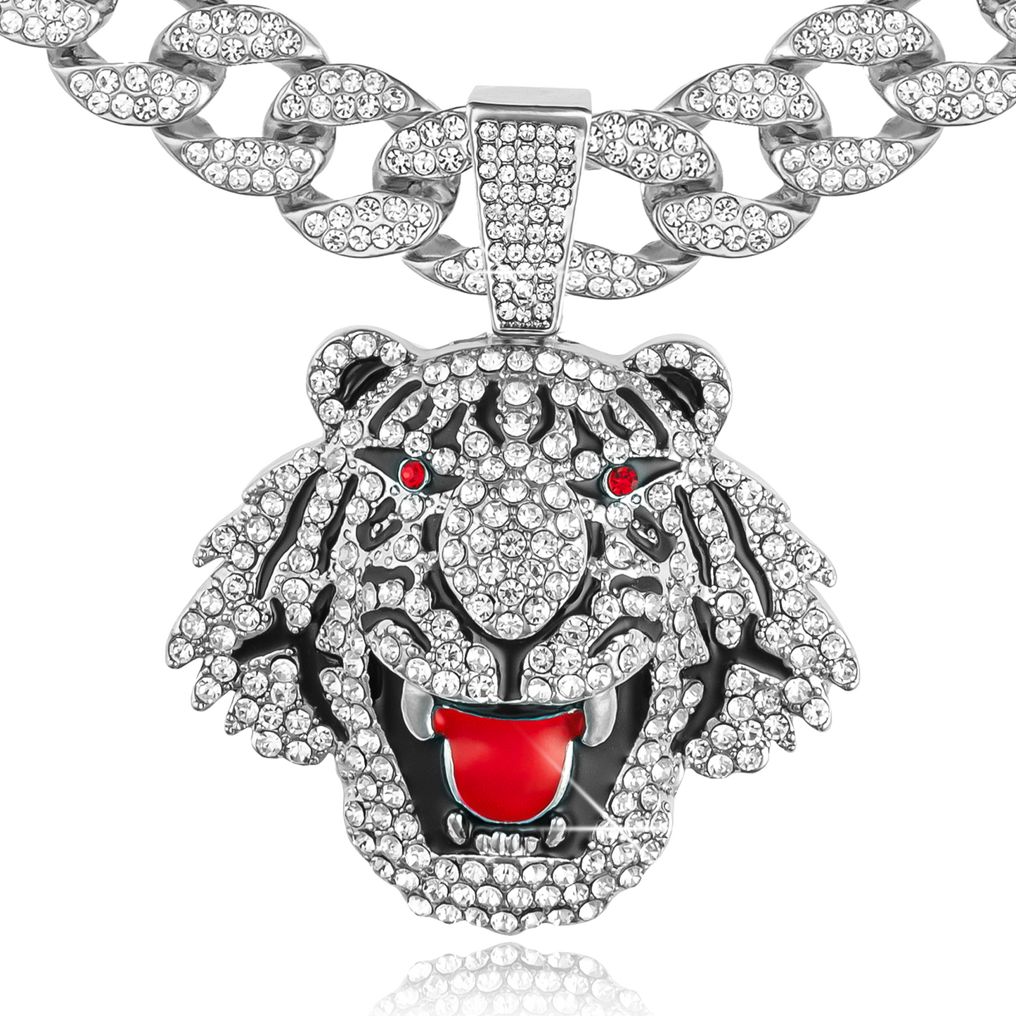 Large Roar Tiger Pendant & Iced Bling Out Miami Cuban Necklace Chain
