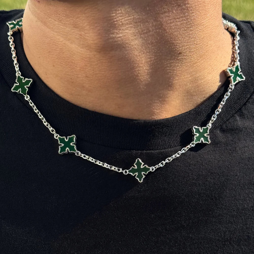 Men's Chrome Inspired Green Multi Cross Link Chain Necklace with Double-Sided Charms