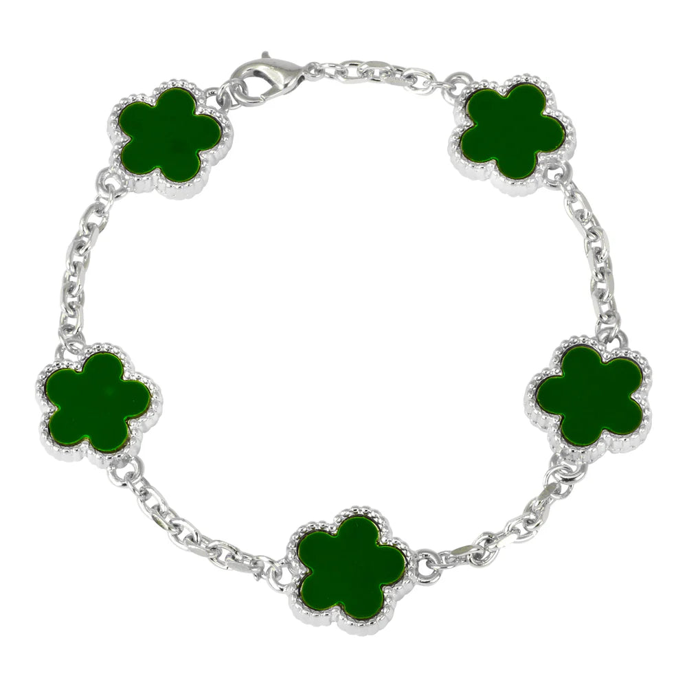 Men's 15mm 5-Leaf Clover Link Chain Bracelet - Silver Finish