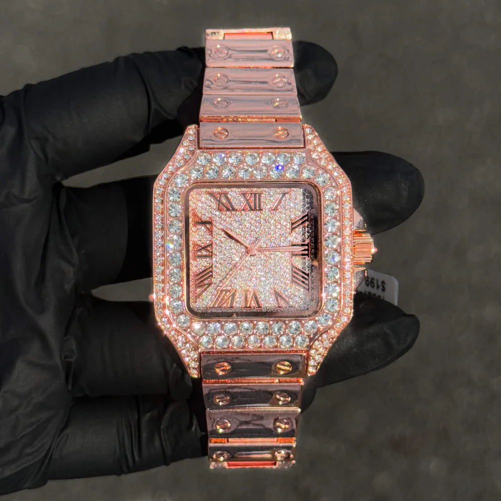 Men's Iced Out Square Watch - 40mm Case with Fully Iced Bezel & Metal Band