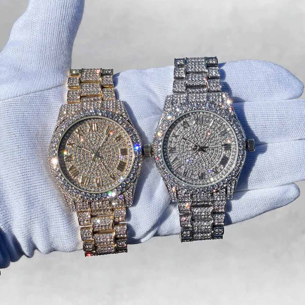 Women's 42mm Diamond Watch with Iced Out Bezel and Roman Dial - Quartz Movement