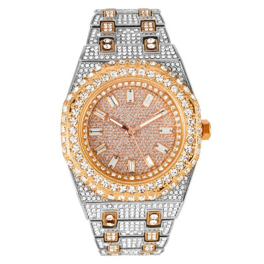 ICEDTAG 43MM Iced Out White Gold Hip Hop Watch with Rose Gold Dial | Unisex Luxury CZ Diamond Bling Watch – Quartz Movement