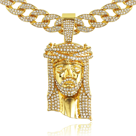 Large Jesus Head Pendant & Iced Bling Out Miami Cuban Necklace Chain