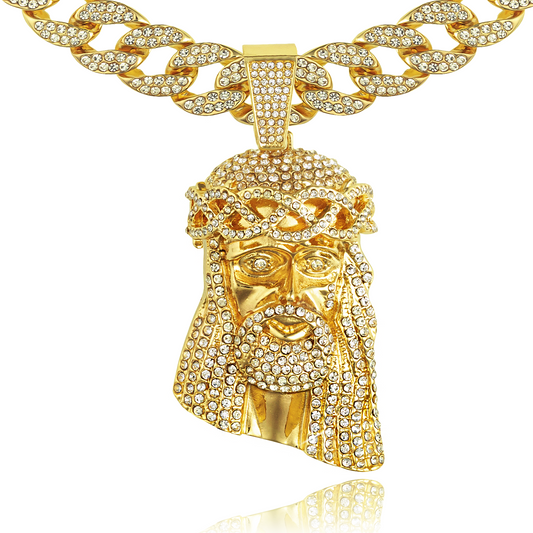 Large Religious Jesus Head Pendant & Iced Bling Out Miami Cuban Necklace Chain