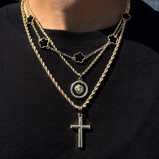 Men's Iced Out Lion & Cross Pendant Set with Clover Chain - 3 Piece Classic Hip Hop Jewelry Gift