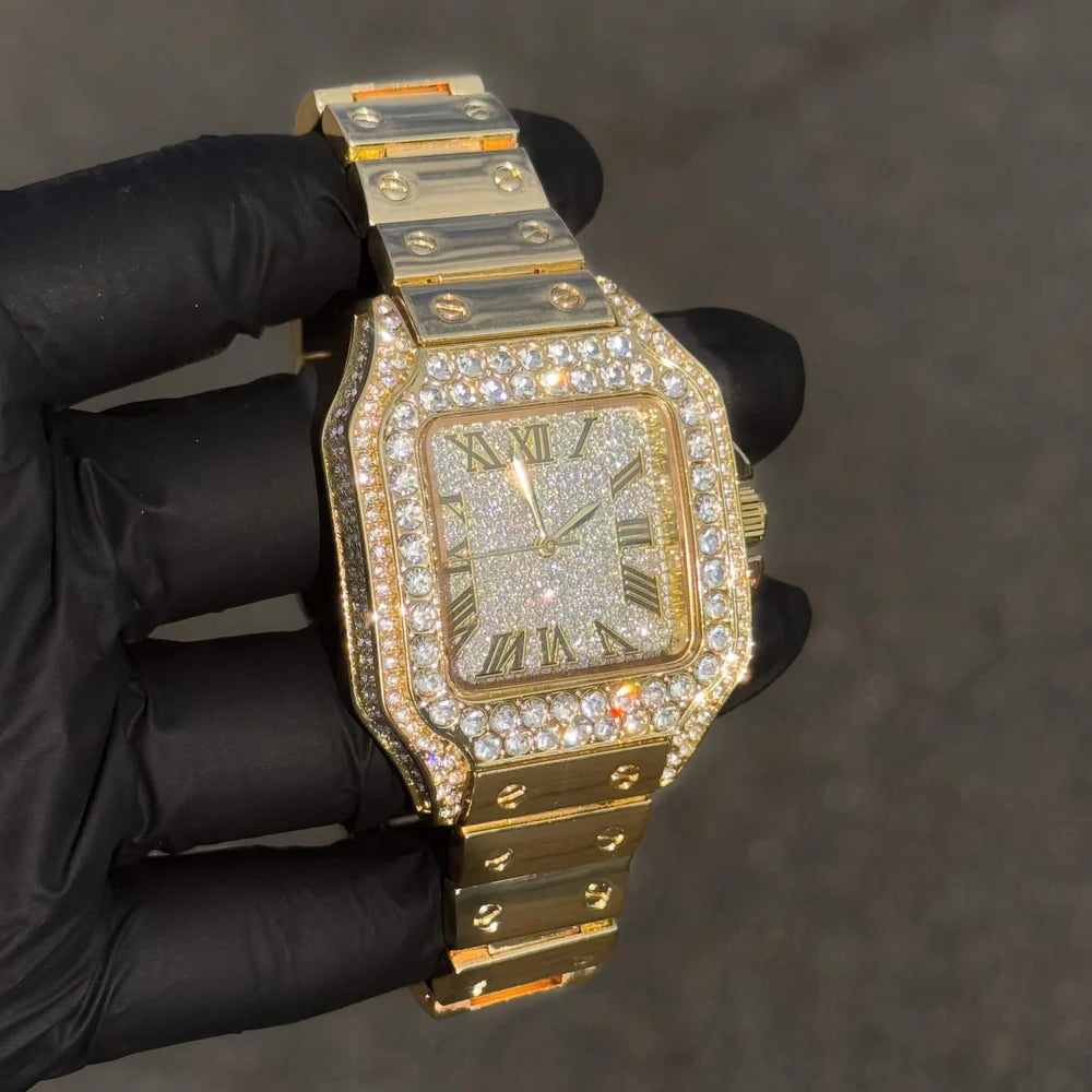 Men's Iced Out Square Watch - 40mm Case with Fully Iced Bezel & Metal Band