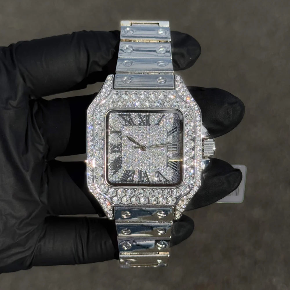 Men's Iced Out Square Watch - 40mm Case with Fully Iced Bezel & Metal Band