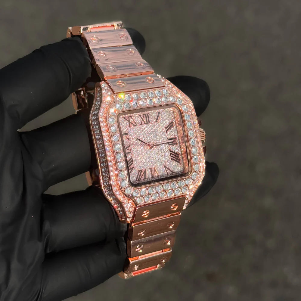 Men's Iced Out Square Watch - 40mm Case with Fully Iced Bezel & Metal Band